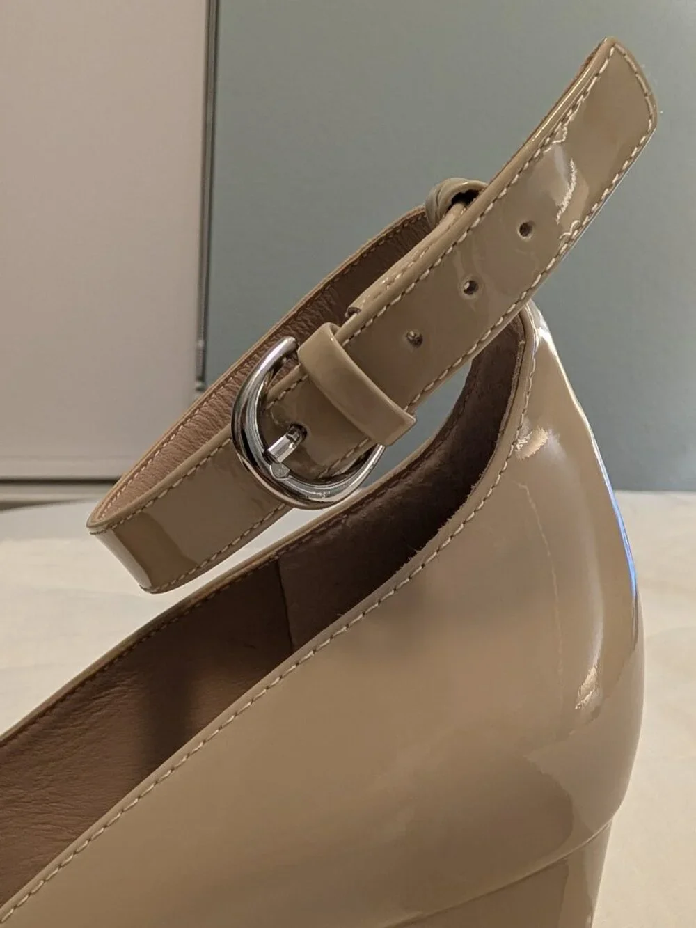 Wittner Nude Patent Leather Ankle Strap Block Heels Size 40